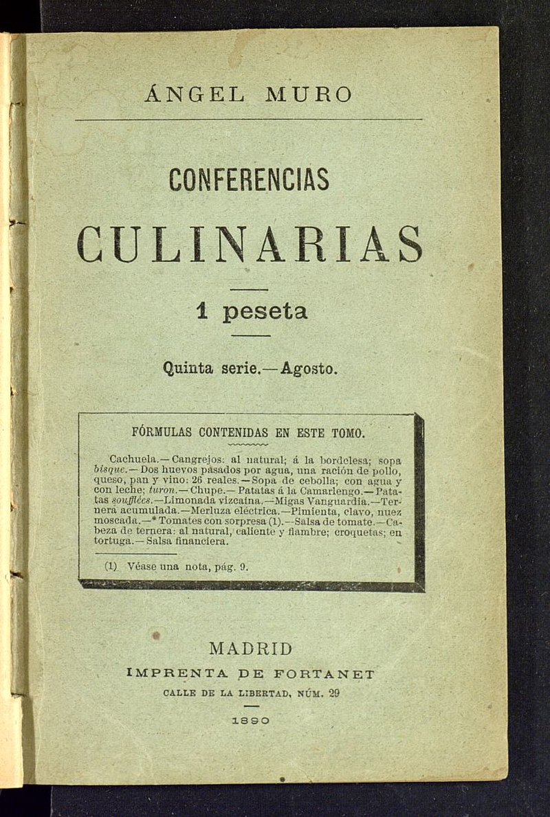 Conferencias culinarias. Quinta Serie. Agosto  de 1890