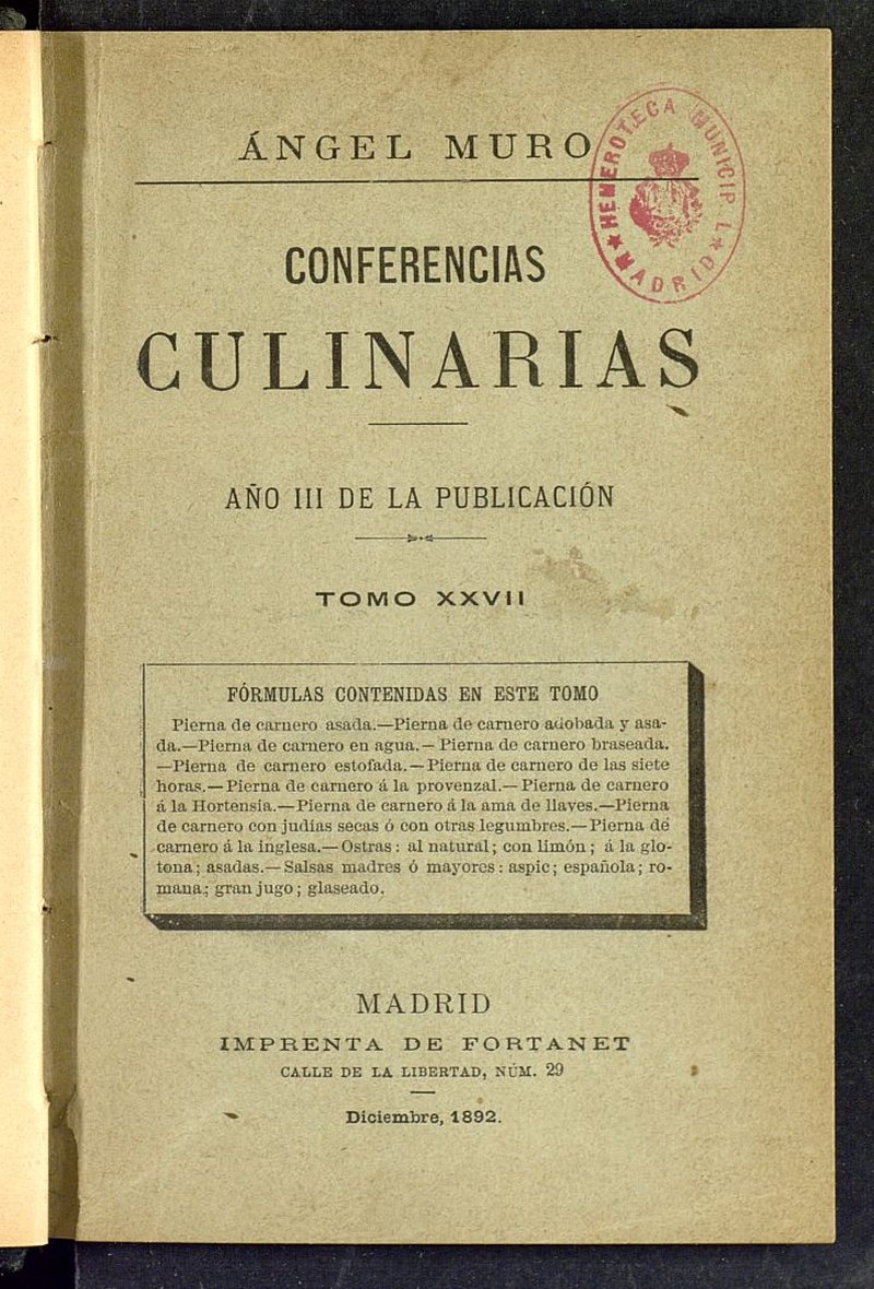 Conferencias Culinarias. Tomo XXVII. Ao III de la publicacin. Diciembre de 1892