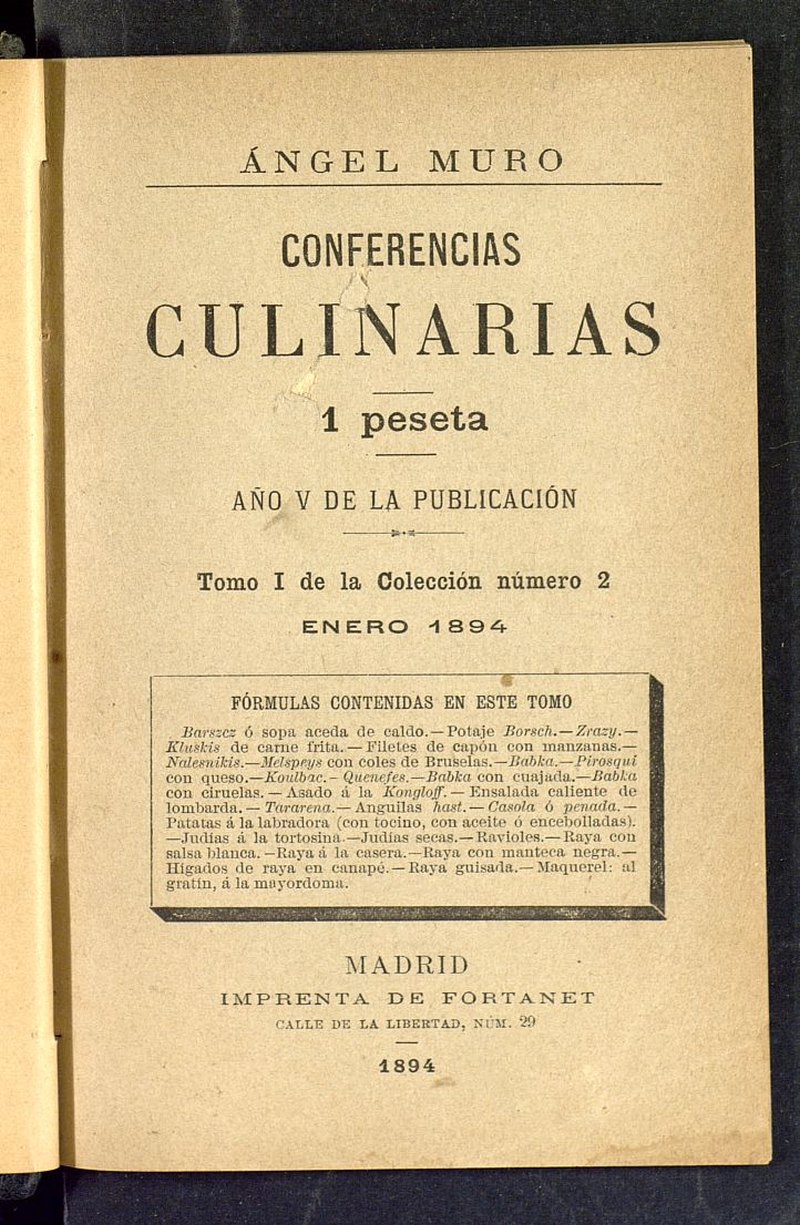 Conferencias Culinarias. Tomo I de la coleccin n 2. Enero 1894