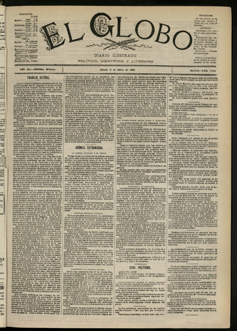 El Globo : diario ilustrado del 2 de enero de 1886, n 3718