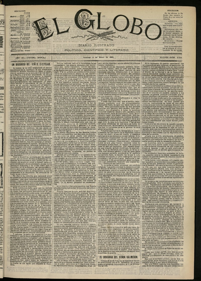 El Globo : diario ilustrado del 3 de enero de 1886, n 3719