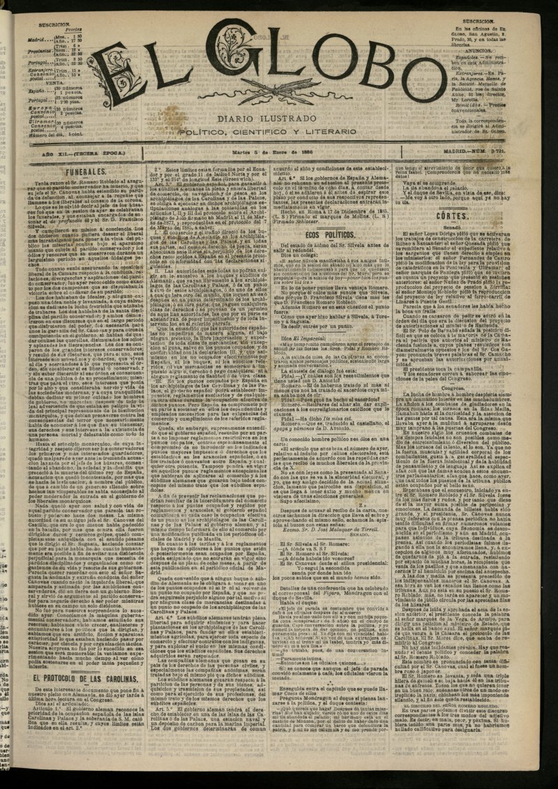 El Globo : diario ilustrado del 5 de enero de 1886, n 3721