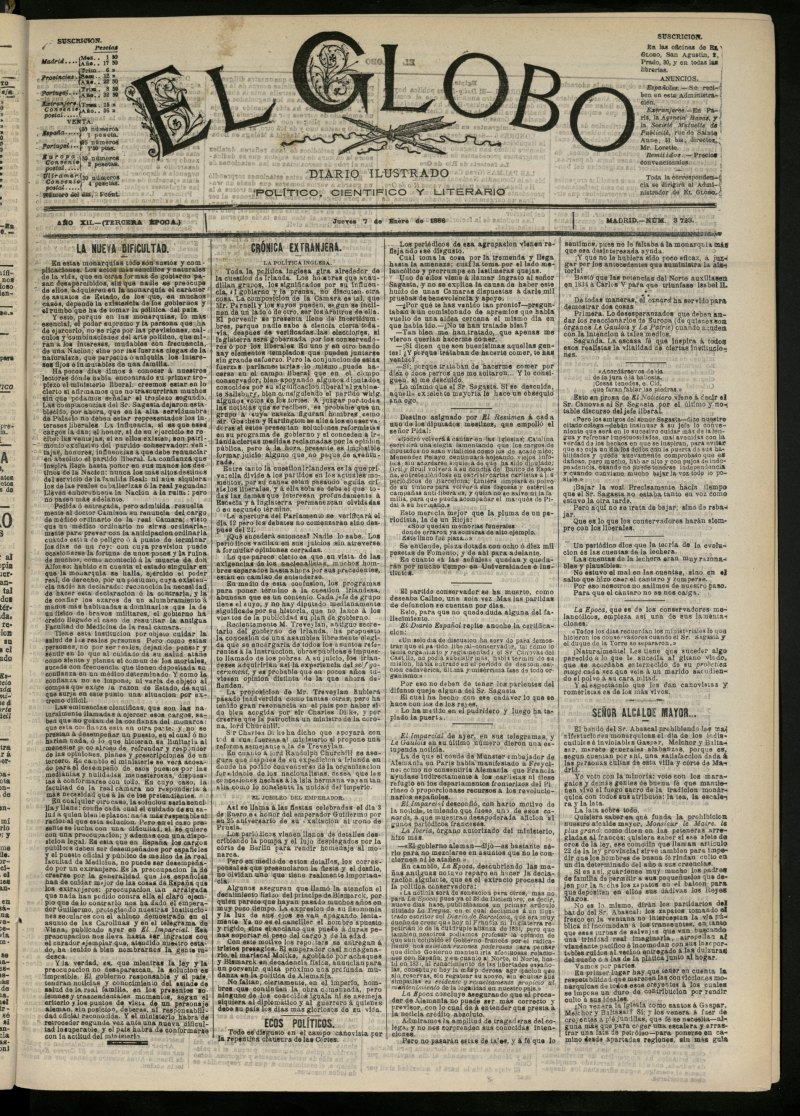 El Globo : diario ilustrado del 7 de enero de 1886, n 3723
