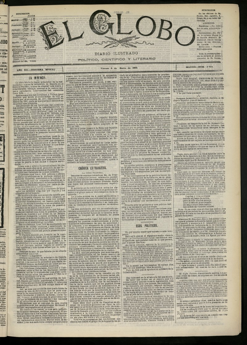 El Globo : diario ilustrado del 8 de enero de 1866, n 3724