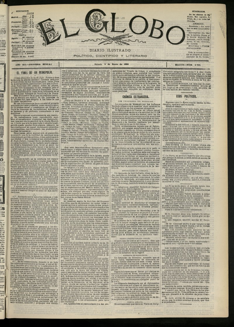 El Globo : diario ilustrado del 9 de enero de 1886, n 3725