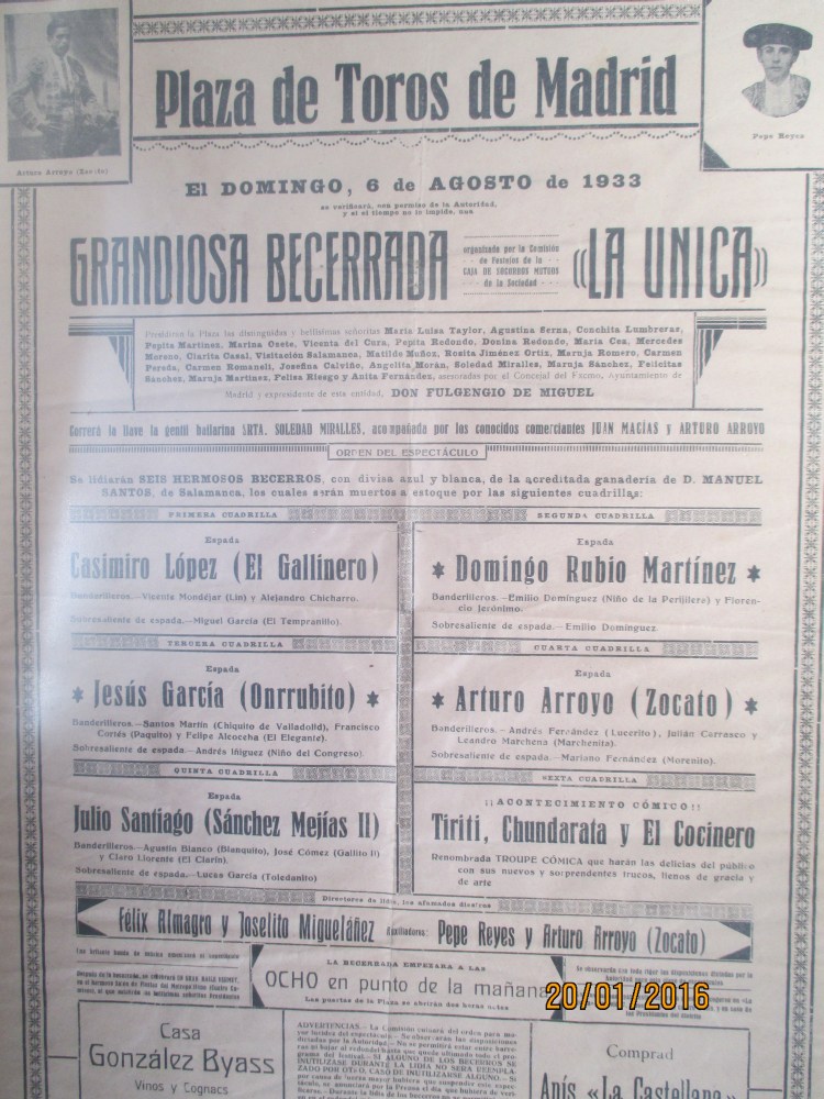 Cartel de una becerrada a beneficio de la Sociedad La nica