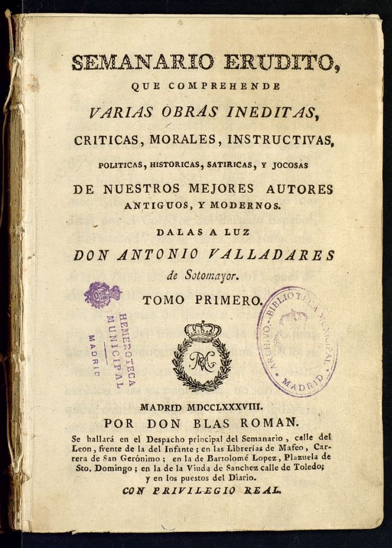 Semanario Erudito 1787. Tomo I.