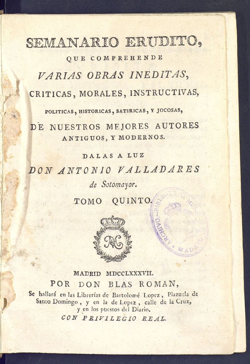 Semanario Erudito 1787, Tomo V.