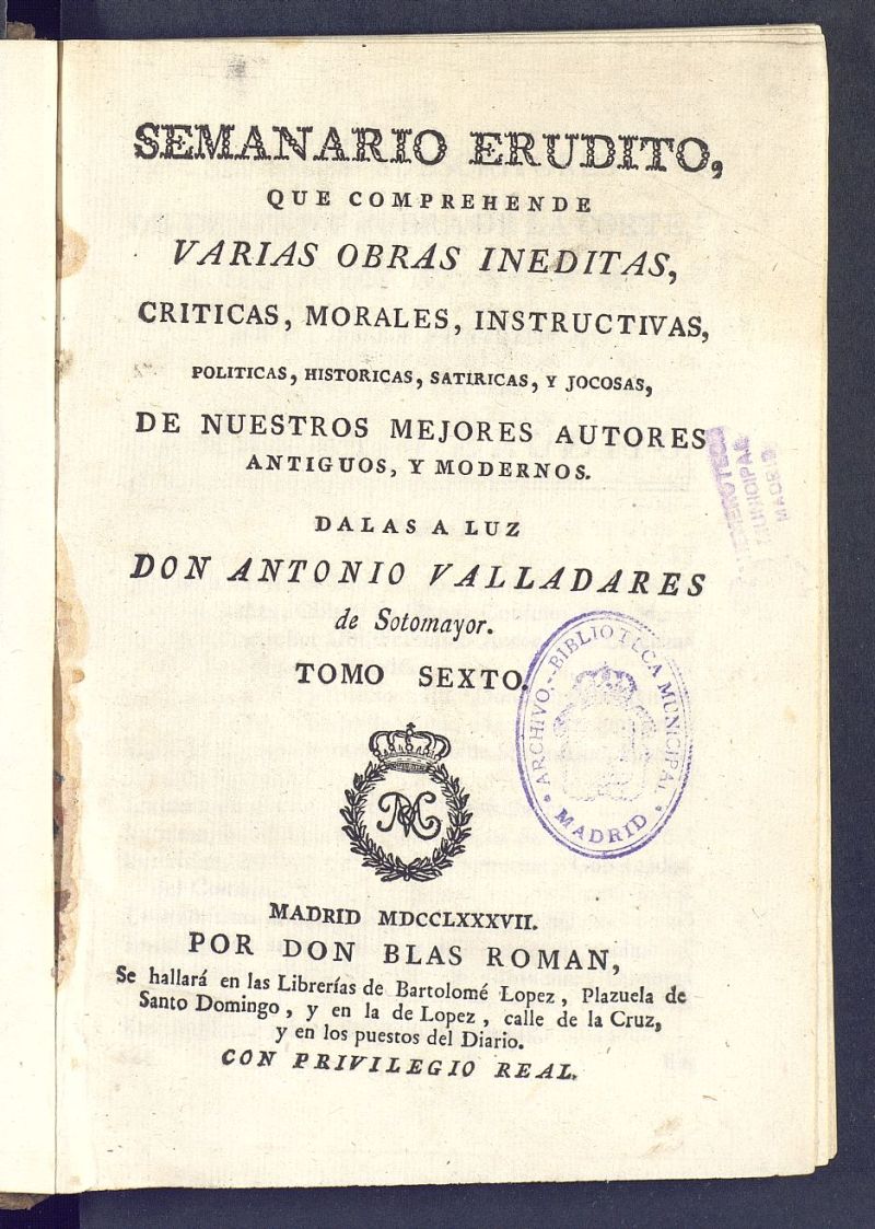 Semanario Erudito 1787. Tomo VI.