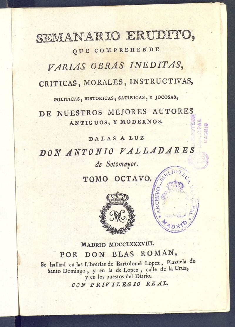 Semanario Erudito 1788, Tomo VIII.