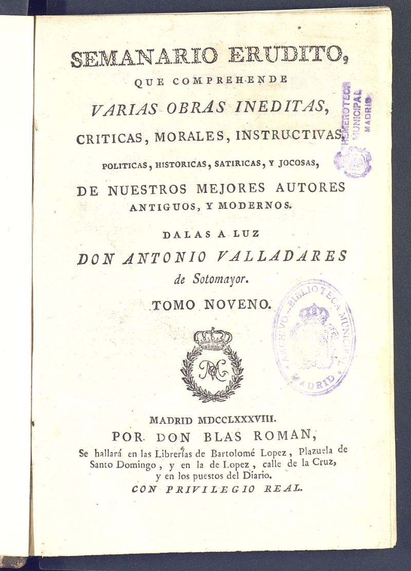 Semanario Erudito 1788. Tomo IX.