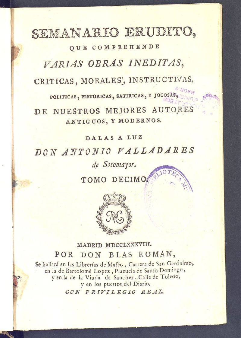 Semanario Erudito 1788, Tomo X.