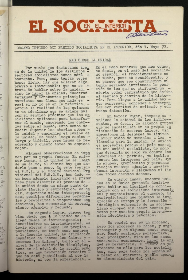 El Socialista en el Interior de mayo de 1972