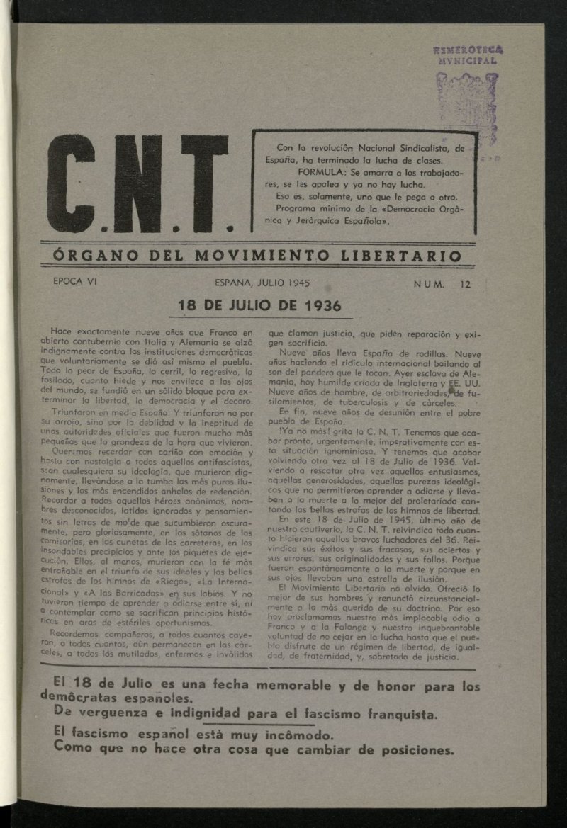 C.N.T.: Organo del Movimiento Libertario, de julio de 1945, n 12