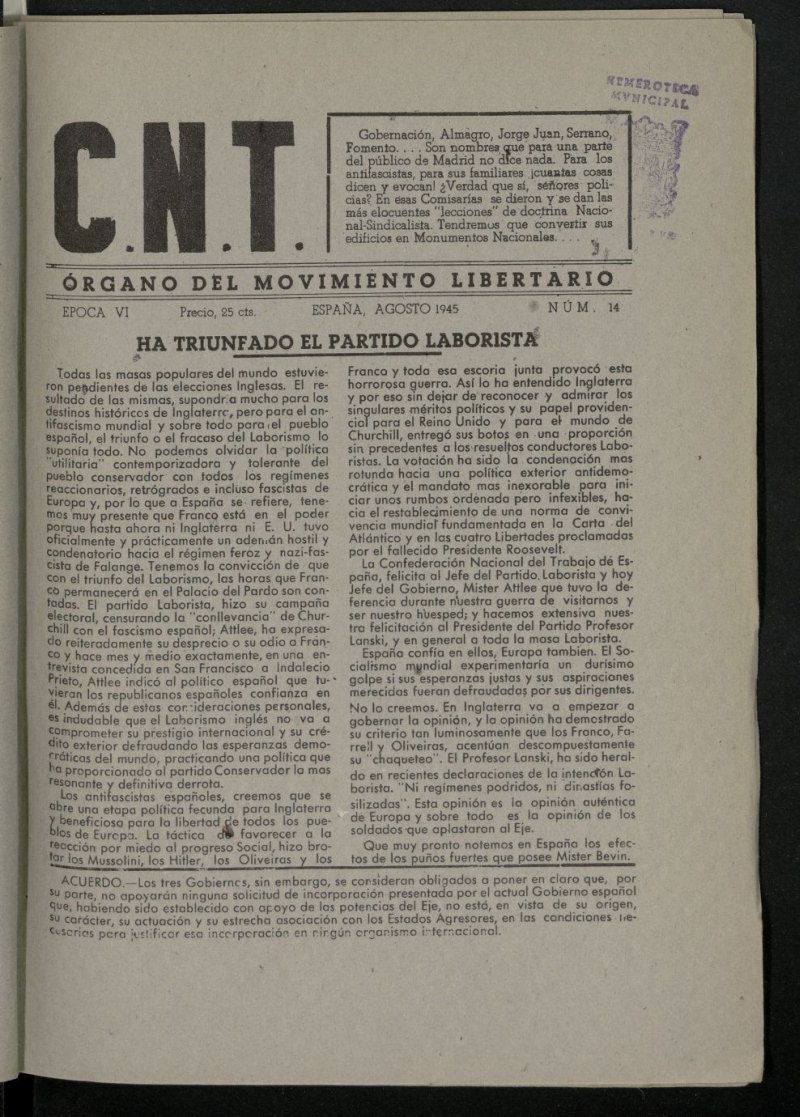 C.N.T.: Organo del Movimiento Libertario, de agosto de 1945, nº 14