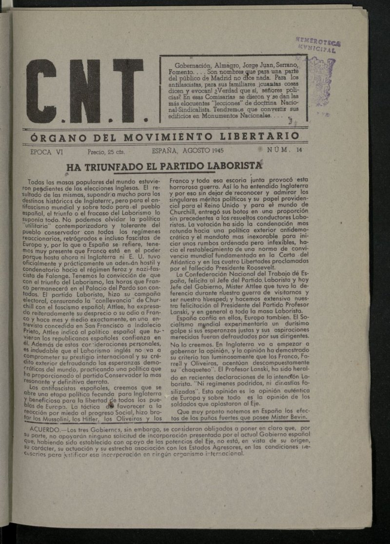 C.N.T.: Organo del Movimiento Libertario, de agosto de 1945, n 14