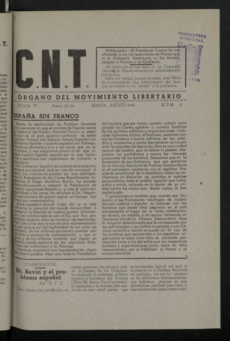 C.N.T.: Organo del Movimiento Libertario, de agosto de 1945, nº 15