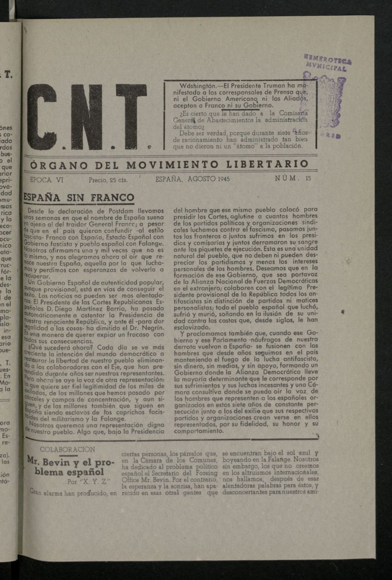 C.N.T.: Organo del Movimiento Libertario, de agosto de 1945, n 15