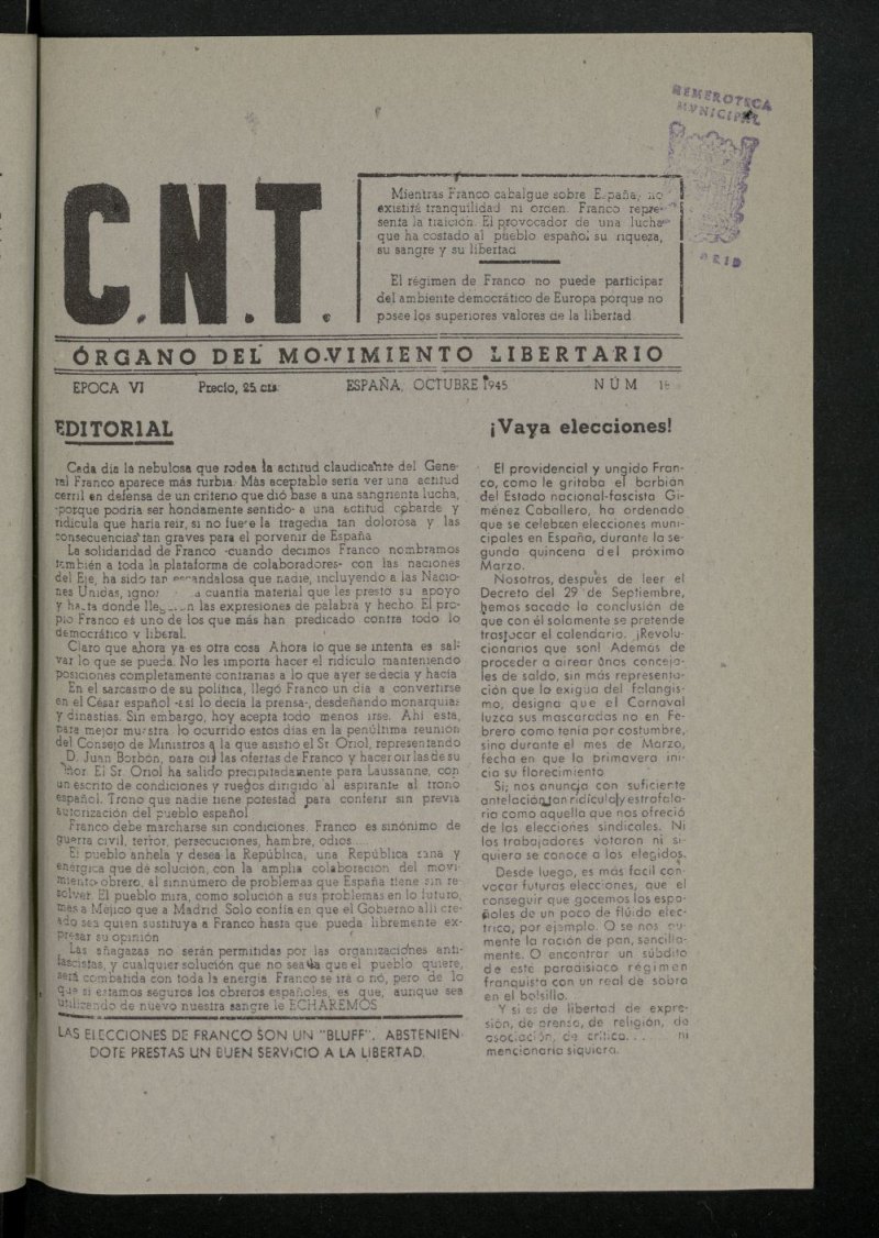 C.N.T. : Organo del Movimiento Libertario, de octubre de 1945, n 18