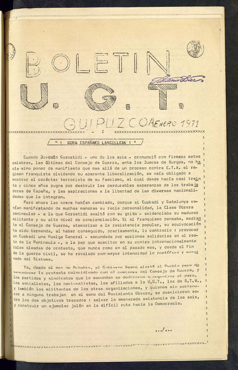 Boletín U.G.T. de Guipúzcoa de enero de 1971