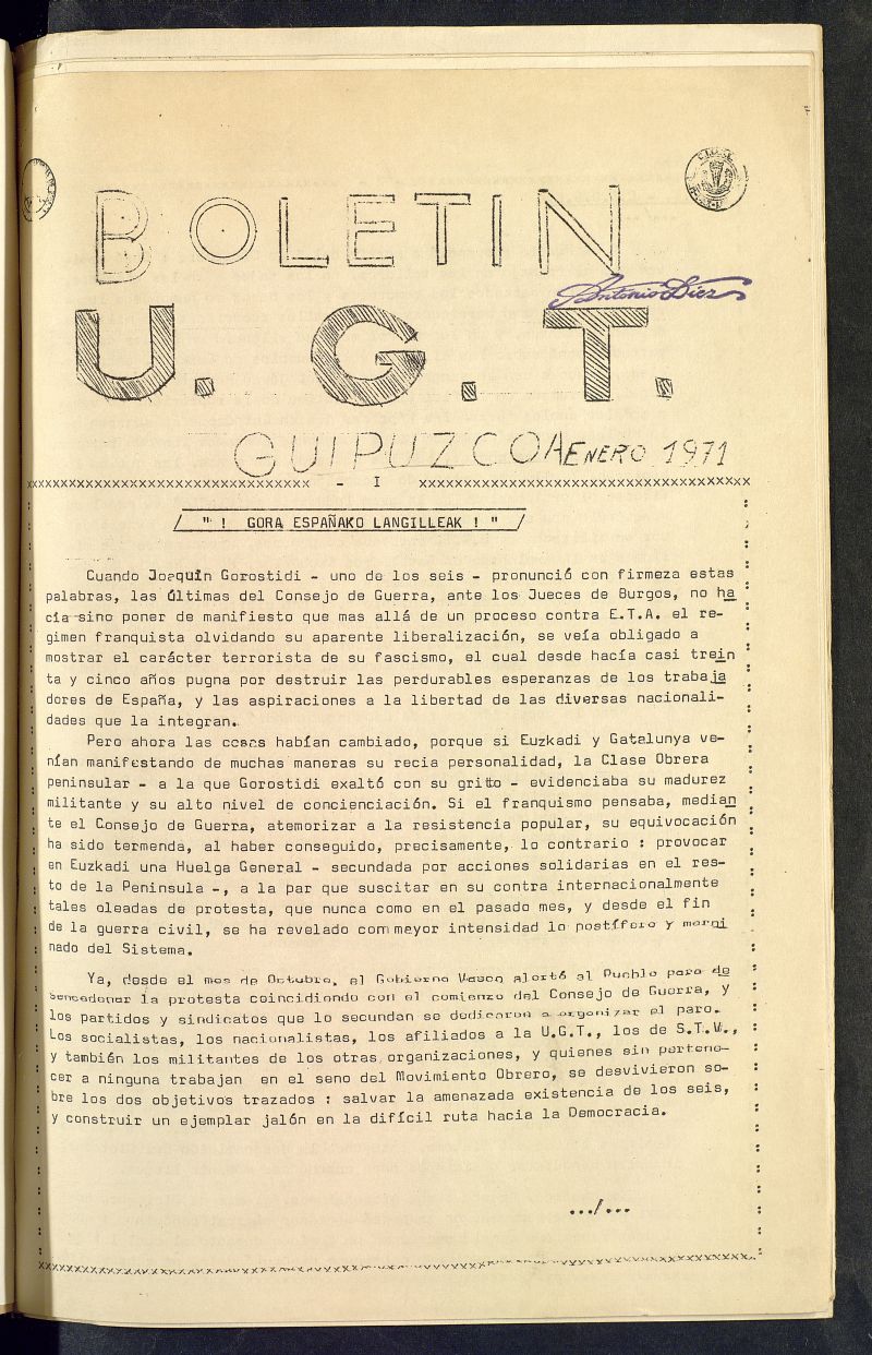 Boletn U.G.T. de Guipzcoa de enero de 1971