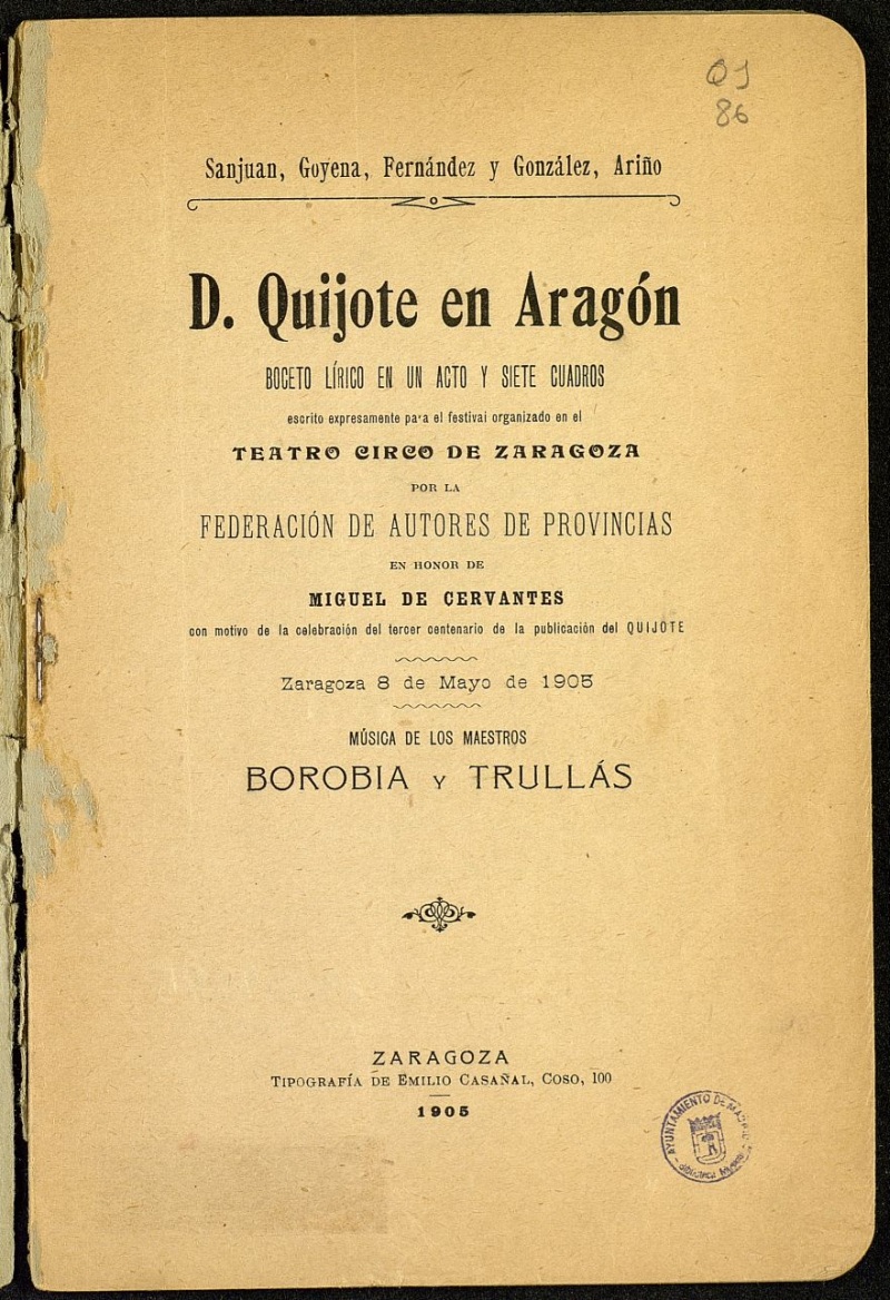 D. Quijote en Aragn : boceto lrico en un acto y siete cuadros