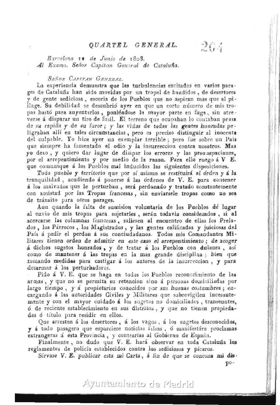 Carta del General Comandante en Jefe del Cuerpo de Ejrcito de Observacin de los Pirineos Orientales, G. Duhesme, al excelentsimo Sr. Capitn General de Catalua