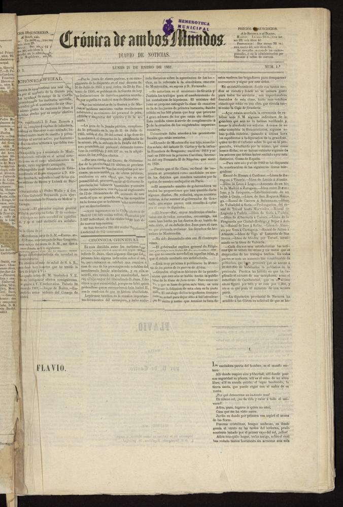 Crónica de ambos Mundos : diario de noticias del 21 de enero de 1861, nº 1