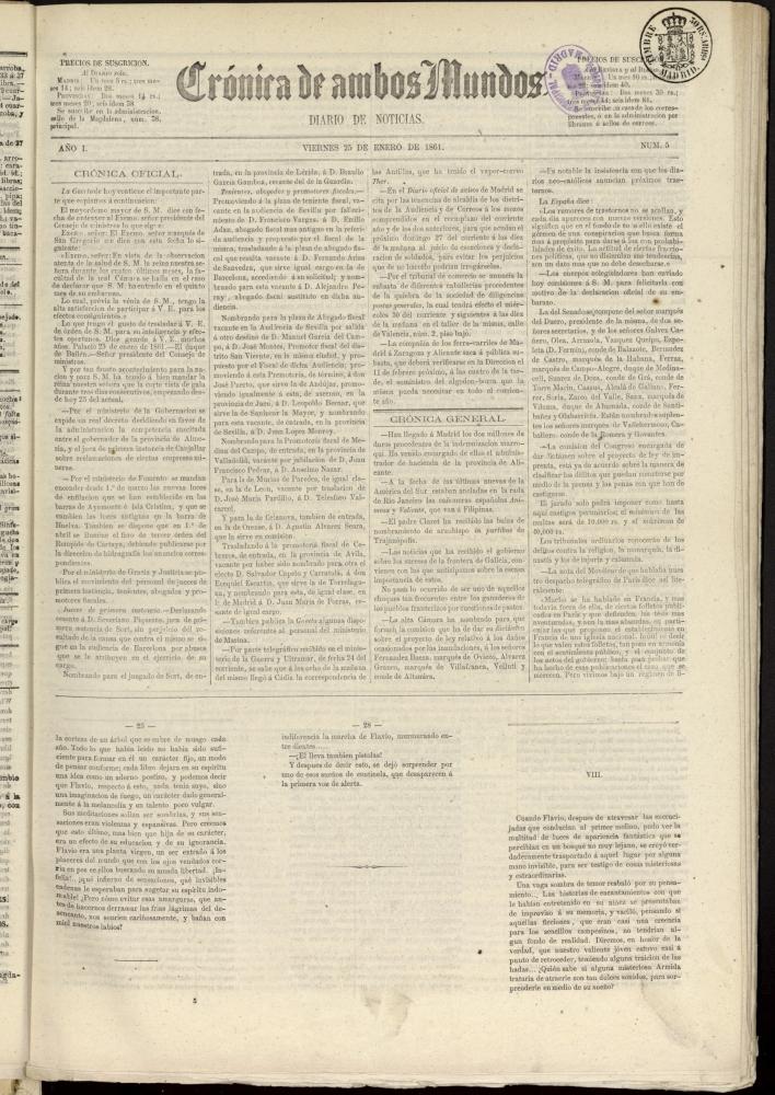 Crónica de ambos Mundos : diario de noticias del 25 de enero de 1861, nº 5