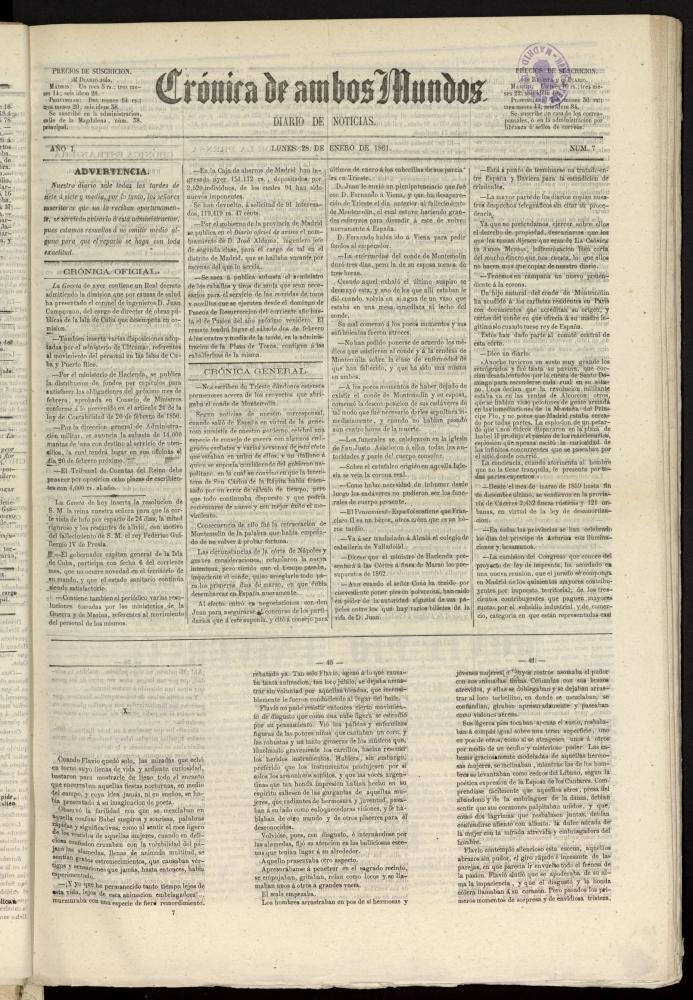 Crónica de ambos Mundos : diario de noticias del 28 de enero de 1861, nº 7