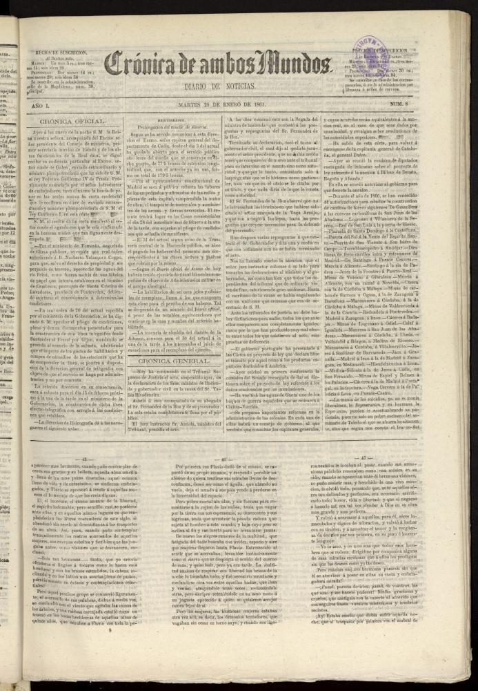 Crónica de ambos Mundos : diario de noticias del 29 de enero de 1861, nº 8