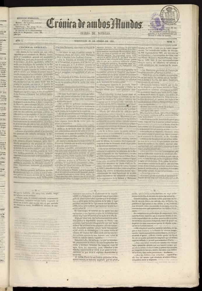 Crónica de ambos Mundos : diario de noticias del 30 de enero de 1861, nº 9