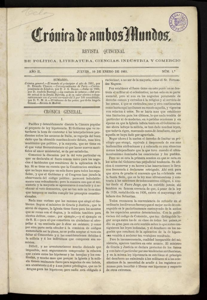 Crónica de ambos Mundos : revista quincenal de política, literatura, ciencias, industria y comercio del 10 de enero de 1861, nº 1