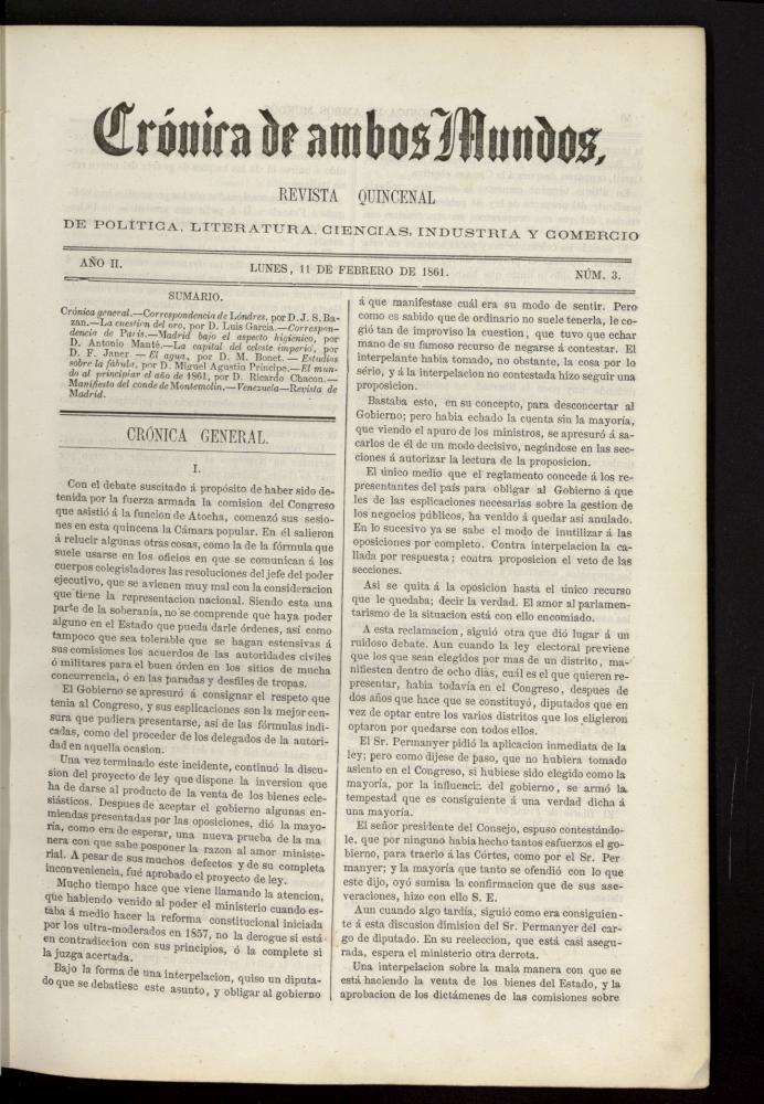 Crónica de ambos Mundos : revista quincenal de política, literatura, ciencias, industria y comercio del 11 de febrero de 1861, nº 3