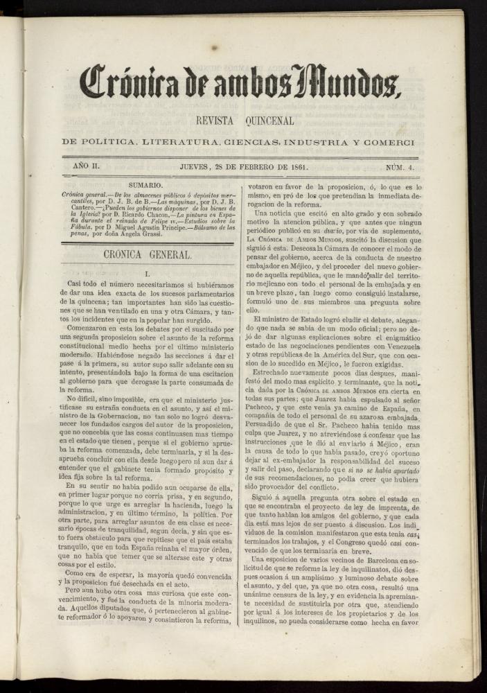 Crónica de ambos Mundos : revista quincenal de política, literatura, ciencias, industria y comercio del 28 de febrero de 1861, nº 4