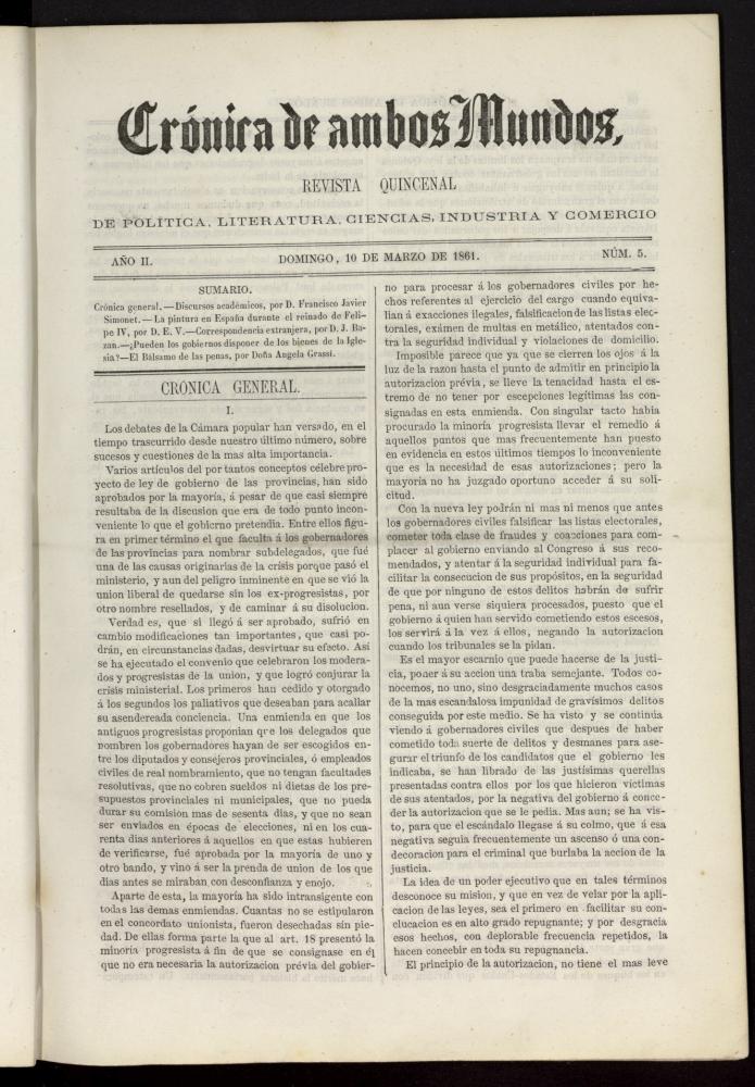 Crónica de ambos Mundos : revista quincenal de política, literatura, ciencias, industria y comercio del 10 de marzo de 1861, nº 5