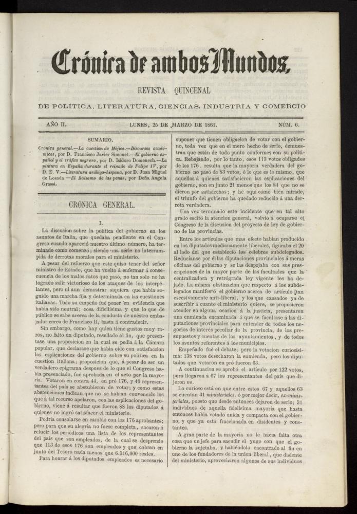 Crónica de ambos Mundos : revista quincenal de política, literatura, ciencias, industria y comercio del 26 de marzo de 1861, nº 6