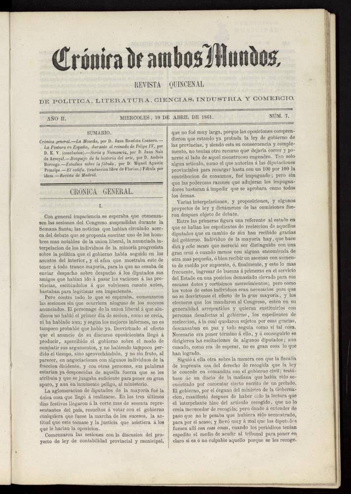 Crónica de ambos Mundos : revista quincenal de política, literatura, ciencias, industria y comercio del 10 de abril de 1861, nº 7