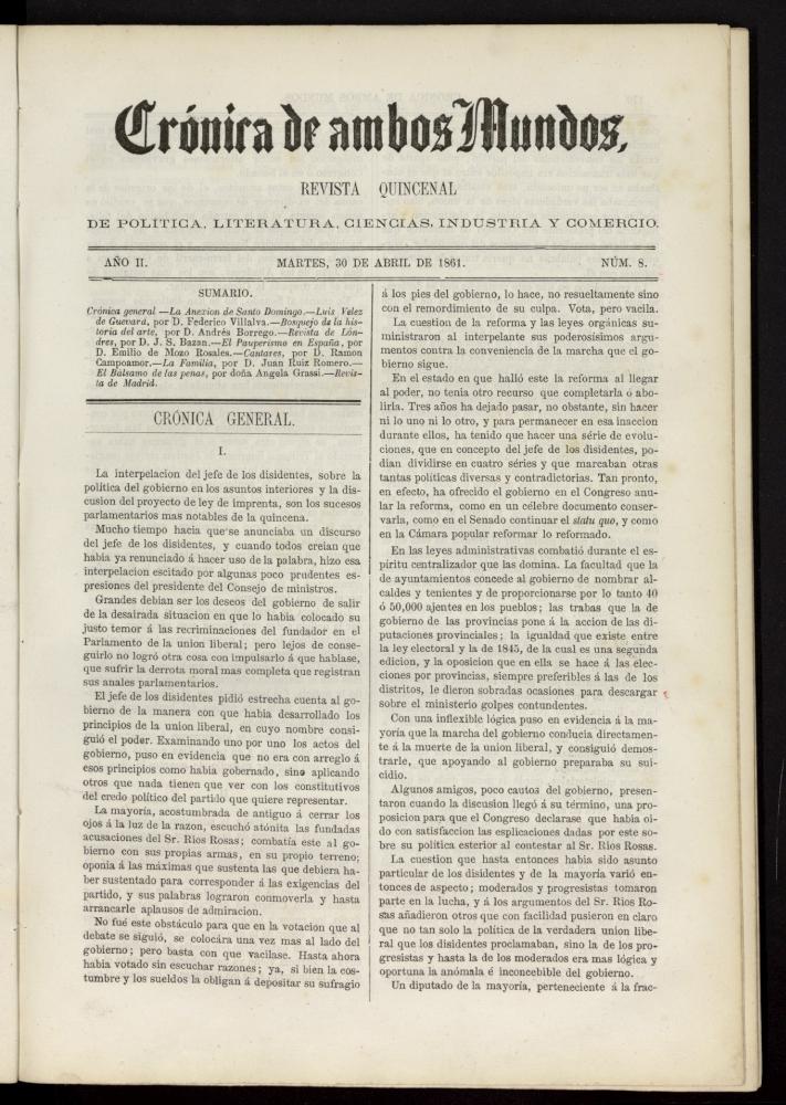Crónica de ambos Mundos : revista quincenal de política, literatura, ciencias, industria y comercio del 30 de abril de 1861, nº 8