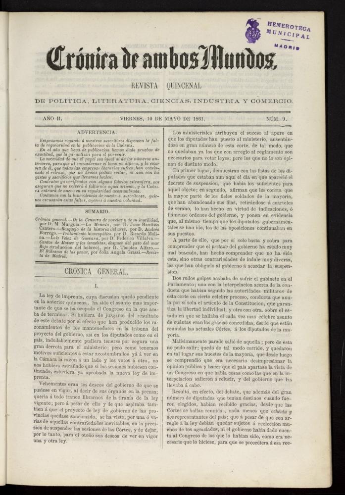 Crónica de ambos Mundos : revista quincenal de política, literatura, ciencias, industria y comercio del 10 de mayo de 1861, nº 9