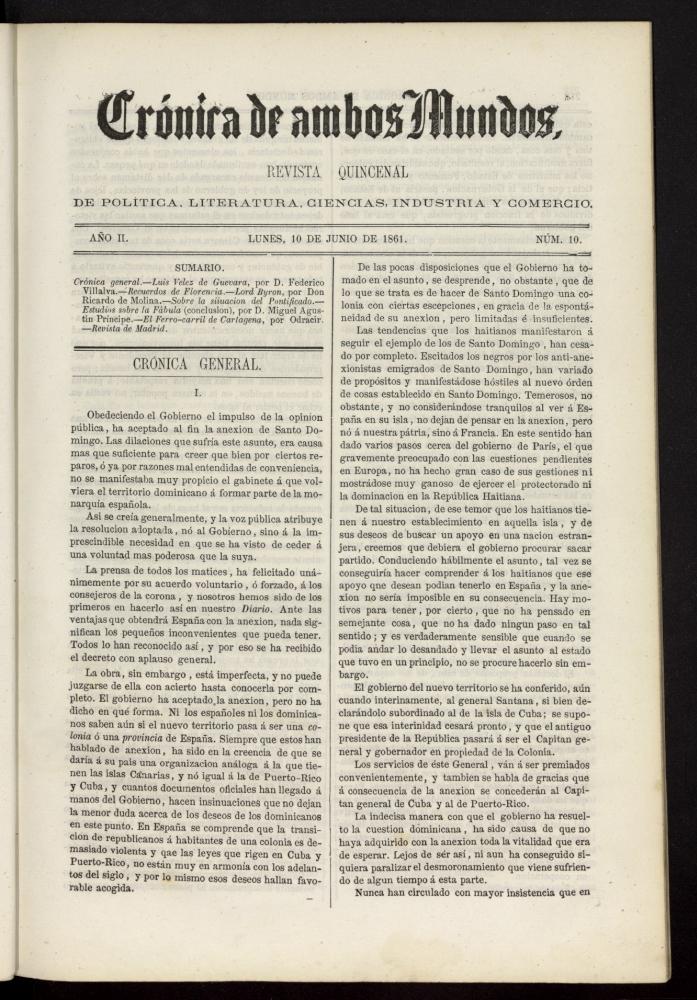 Crónica de ambos Mundos : revista quincenal de política, literatura, ciencias, industria y comercio del 10 de junio (sic) de 1861, nº 10