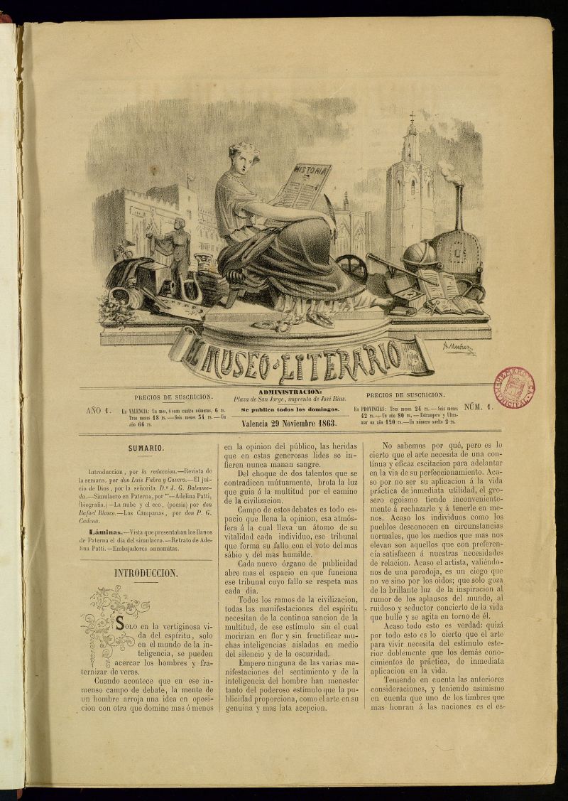 El Museo Literario : periódico semanal de ciencias, literatura, artes, industria y conocimientos útiles del 29 de noviembre de 1863, nº 1