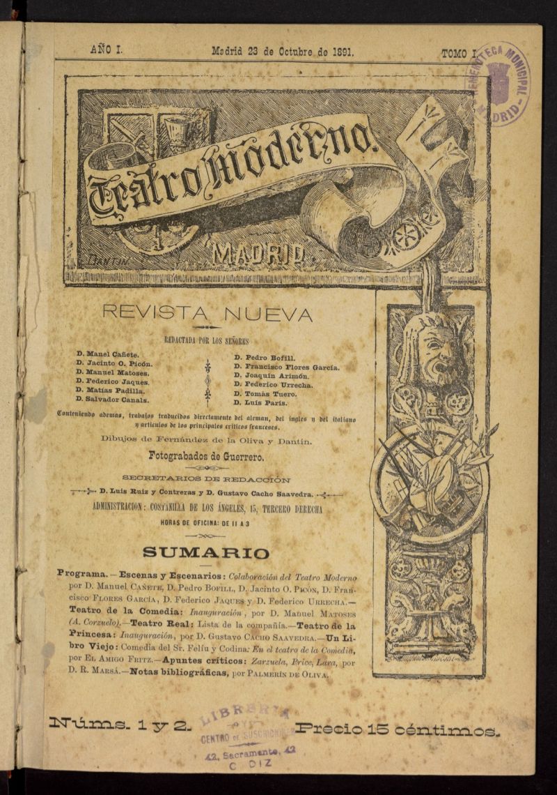 Teatro Moderno: revista nueva del 23 de octubre de 1891, nº 1 y 2