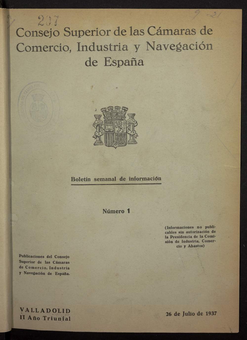 Boletín Semanal de Información. Consejo Superior de las Cámaras de Comercio de España del 26 de julio de 1937, nº 1