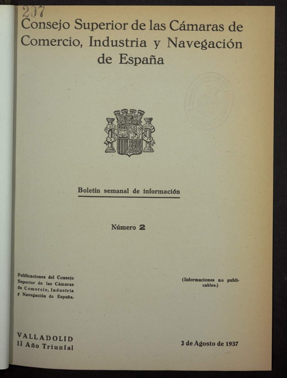 Boletn Semanal de Informacin. Consejo Superior de las Cmaras de Comercio de Espaa del 2 de agosto de 1937, n 2