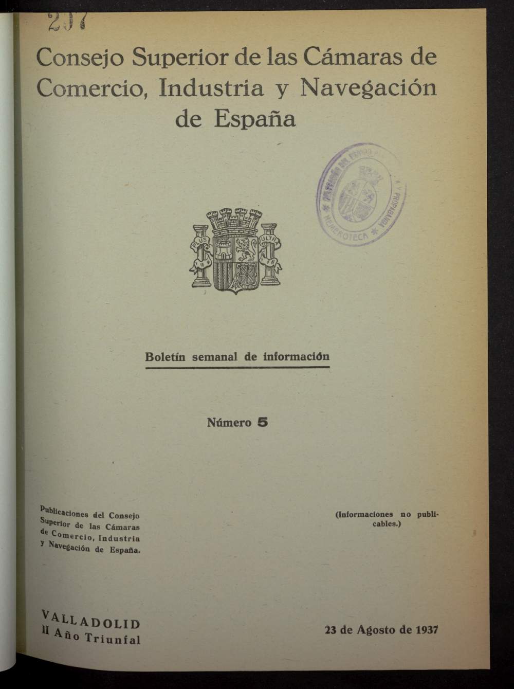 Boletn Semanal de Informacin. Consejo Superior de las Cmaras de Comercio de Espaa del 23 de agosto de 1937, n 5