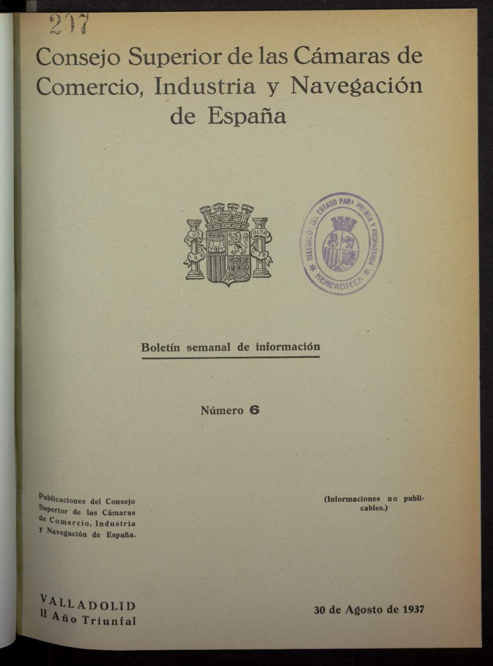 Boletín Semanal de Información. Consejo Superior de las Cámaras de Comercio de España del 30 de agosto de 1937, nº 6
