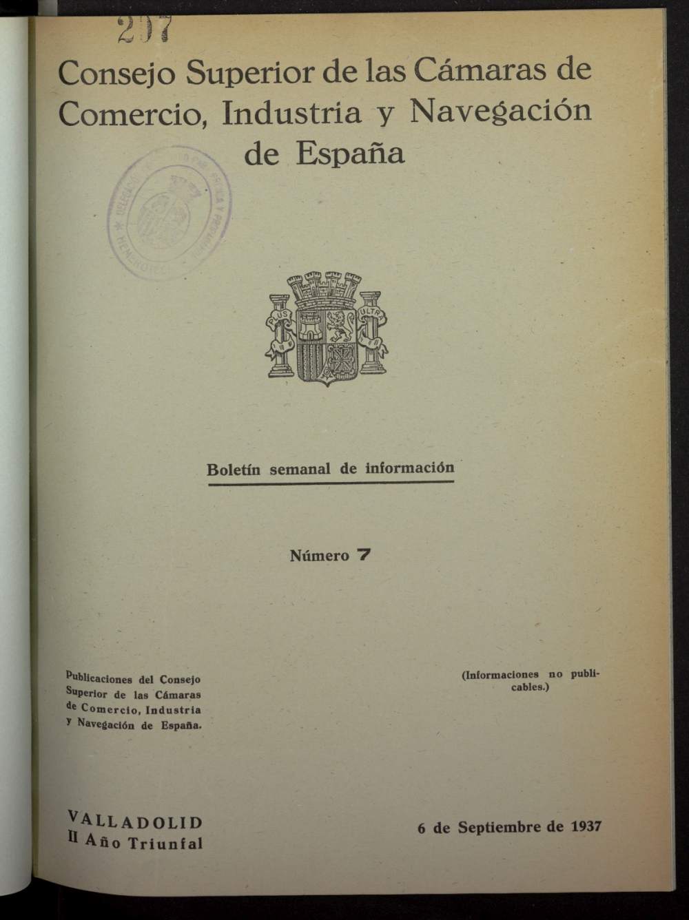 Boletín Semanal de Información. Consejo Superior de las Cámaras de Comercio de España del 6 de septiembre de 1937, nº 7