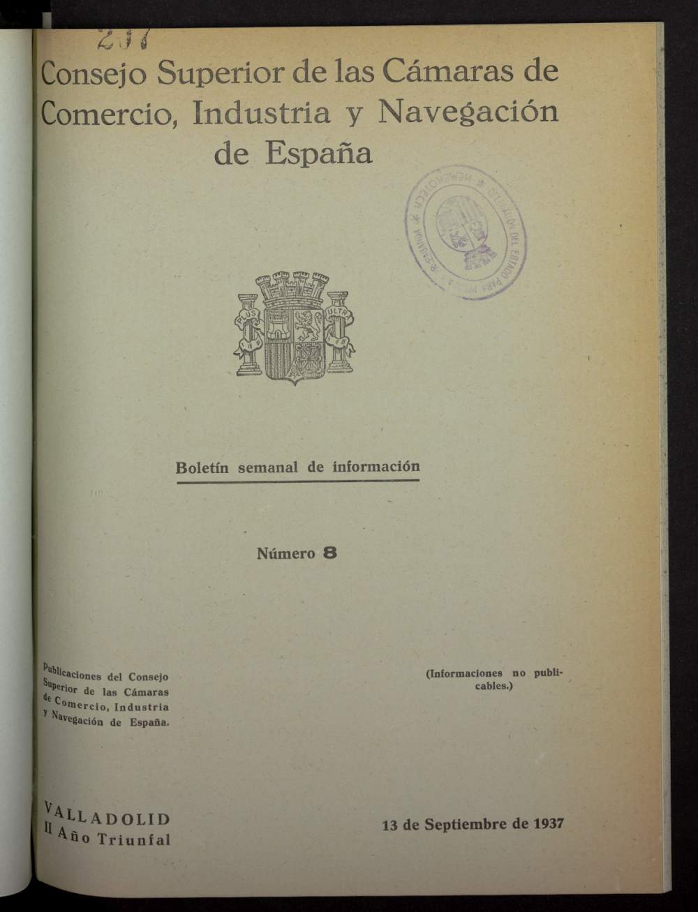 Boletín Semanal de Información. Consejo Superior de las Cámaras de Comercio de España del 13 de septiembre de 1937, nº 8