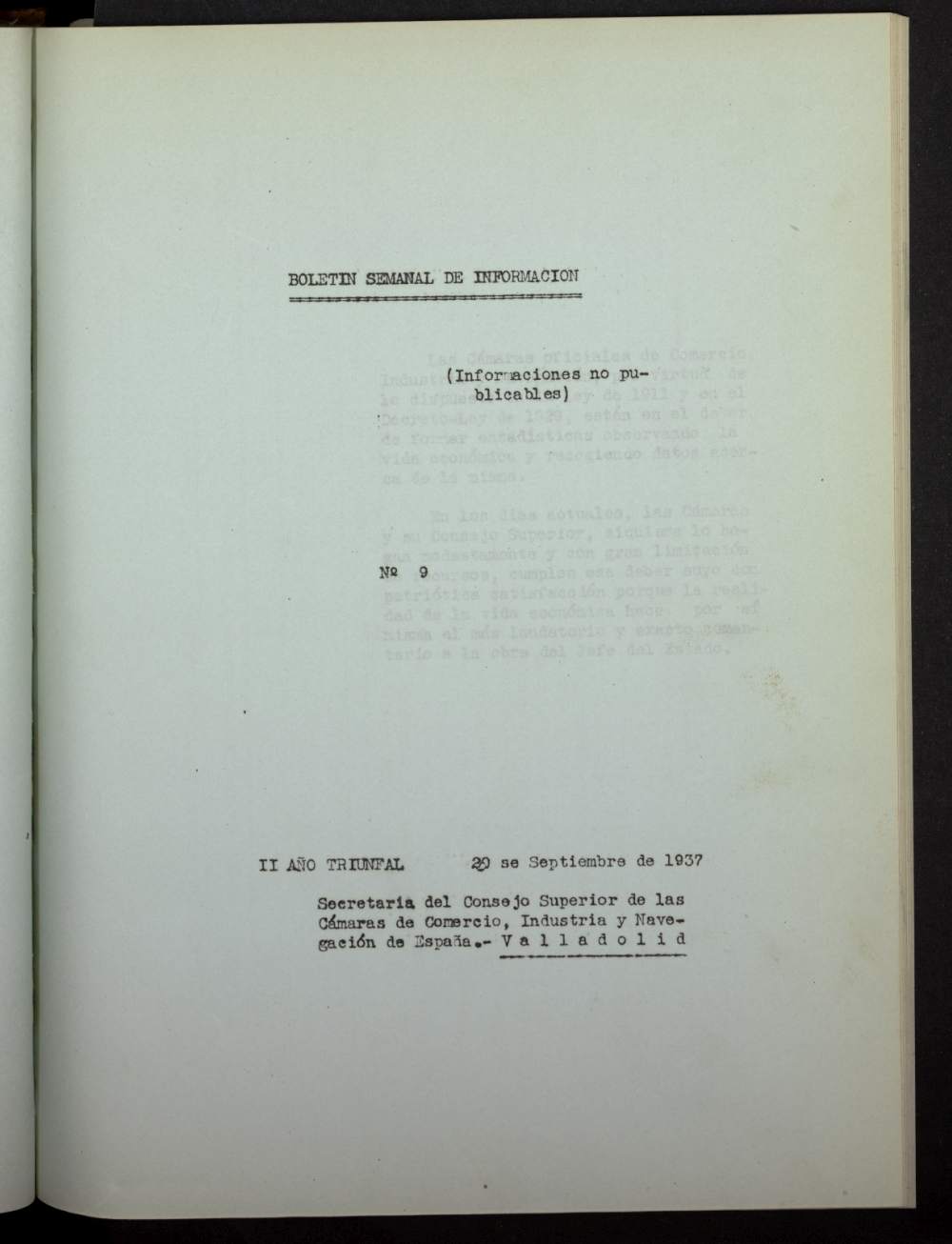 Boletín Semanal de Información. Consejo Superior de las Cámaras de Comercio de España del 20 de septiembre de 1937, nº 9